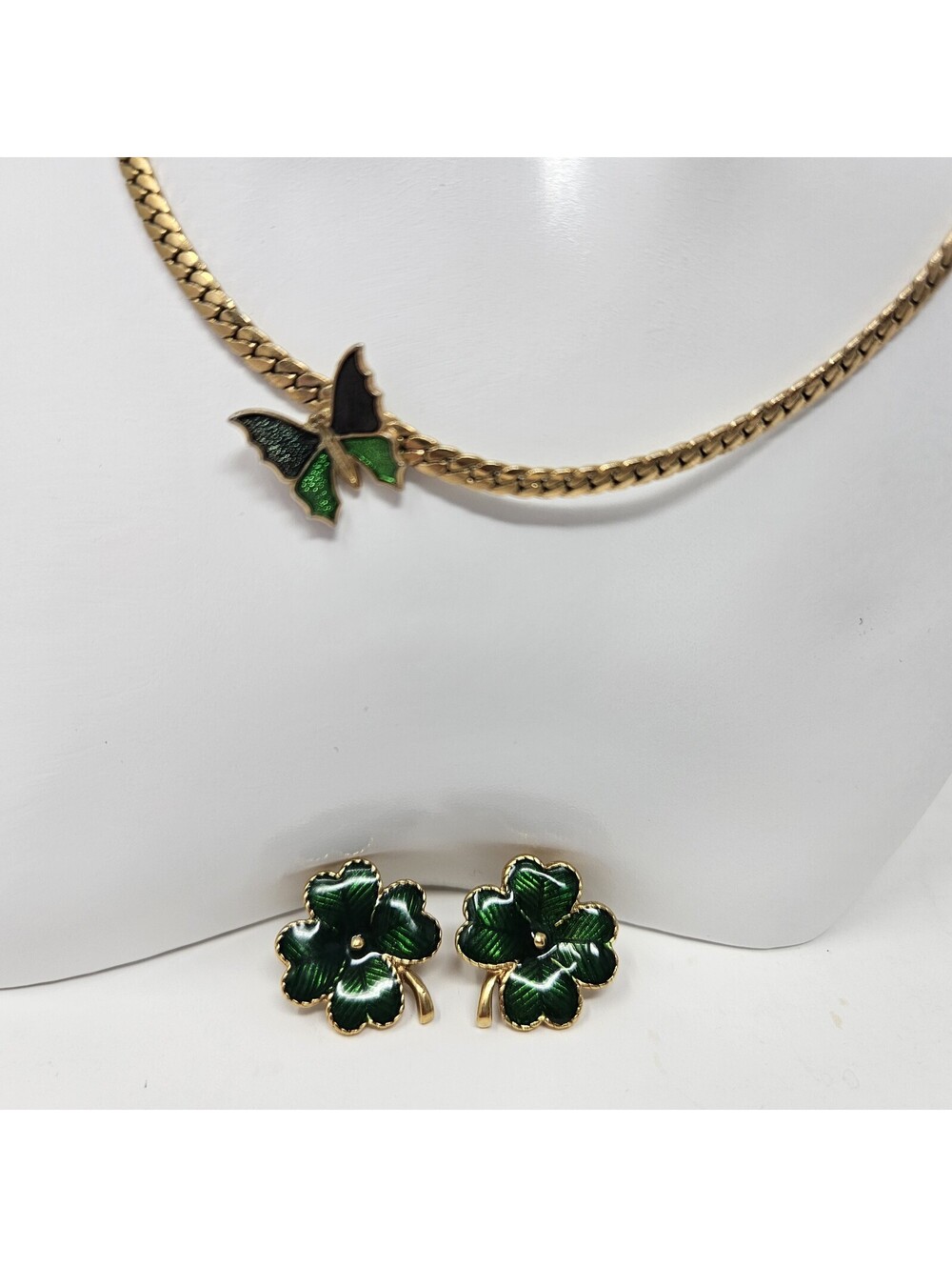Vintage Avon Gold Tone Green Butterfly Choker & Green Enamel Shamrock Earrings